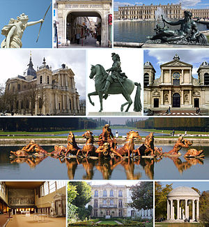 Frae tap left tae bottom richt: Le Soir ("The Evening" in the gairdens o Versailles); rue des Deux-Portes; the Château de Versailles taken frae the gairdens; Versailles Cathedral; equestrian statue o Louis XIV, place d'Armes, in front o the Château; Kirk o Notre-Dame, Versailles, parish kirk o the Château; the bassin d'Apollon in the gairdens o Versailles; la salle du Jeu de paume (whaur the Tennis Coort Oath was signed); the Musée Lambinet (municipal museum o Versailles); the Temple de l'Amour ("Temple o Love", gairden o the Petit Trianon)