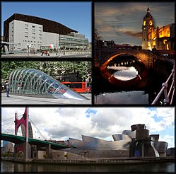 Clockwise frae top: Panorama frae mount Artxanda, Kirk o San Antón, Bilbao Guggenheim Museum, Fosterito, an Euskalduna Palace