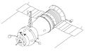 Figure 1-18. Salyut 1-type Soyuz. This was the Original Soyuz upgraded for Salyut space stations. The probe and drogue docking system (left) permitted internal transfer of cosmonauts from the Soyuz to the station.