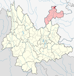 Location of Shuifu County (red) and Zhaotong City (pink) within Yunnan