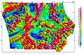 Esempio di mappa delle anomalie magnetiche di un territorio. Queste mappe sono utili soprattutto per rilevare la presenza di strutture che interessano il basamento di rocce ignee e metamorfiche, dotate di maggiore suscettività magnetica rispetto alle rocce sedimentarie.