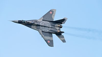 ’n MiG-29 van die Poolse Lugmag tydens die 2016-ILA op Berlyn-Brandenburg Internasionale Lughawe, Schönefeld, Brandenburg, Duitsland.