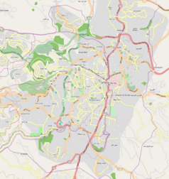 Mapa konturowa Jerozolimy, blisko centrum na prawo u góry znajduje się punkt z opisem „Batte Ungarin”