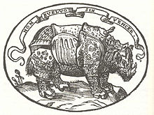 Dans l'emblème, le rhinocéros de Dürer est surmonté d'une légende « Non buelvo sin vencer », « Je ne reviendrai pas sans victoire ».