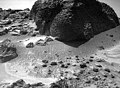 This right image of a stereo image pair of the rock "Chimp" was taken by the Sojourner rover's front cameras on Sol 72 (September 15). Fine-scale texture on Chimp and other rocks is clearly visible. Wind tails, oriented from lower right to upper left, are seen next to small pebbles in the foreground. These were most likely produced by wind action. This image and PIA01574(left eye) make up a stereo pair. Mars Pathfinder is the second in NASA's Discovery program of low-cost spacecraft with highly focused science goals. The Jet Propulsion Laboratory, Pasadena, CA, developed and manages the Mars Pathfinder mission for NASA's Office of Space Science, Washington, D.C. JPL is an operating division of the California Institute of Technology (Caltech).