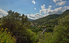 Bridge of Ceps, Roquebrun, Hérault, France. Below view from East in 2013.