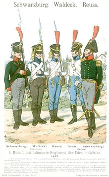 Print shows five soldiers. From left to right, the first soldier wears a green coat and gray breeches. The second soldier sports a white coat with blue facings and dark gray trousers. The third and fourth are dressed in white coats with light blue pants. The fifth wears the same green and gray as the first, but his headgear is a bicorne hat. The other four soldiers wear black shakos with plumes.