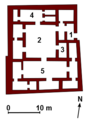 Une des résidences mises au jour dans le quartier du Merkes. 1. vestibule 2. cour principale 3. toilettes 4. cuisine 5. pièces résidentielles privées.