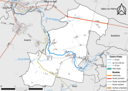 Carte en couleur présentant le réseau hydrographique de la commune