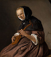 Woman Playing the cittern label QS:Lfr,"Femme jouant du cistre" label QS:Len,"Woman Playing the cittern" label QS:Lde,"Cisterspielerin" label QS:Lnl,"Sisterspelende vrouw" circa 1662 date QS:P,+1662-00-00T00:00:00Z/9,P1480,Q5727902 . oil on panel medium QS:P186,Q296955;P186,Q106857709,P518,Q861259 . 31 × 27.5 cm. The Hague, Royal Picture Gallery Mauritshuis.