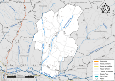 Carte en couleur présentant le réseau hydrographique de la commune