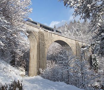 Die Saillard-spoorwegbrug naby Morez, Joera, Frankryk.