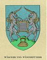 Wappen der Wäscher und Wäscheputzer. Hugo Gerard Ströhl, Wappen der Wiener Gewerbegenossenschaften, um 1900.