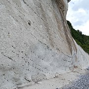 Glazialdeformation der Kreidegesteine bei Sassnitz. Die Region geriet in der Weichsel-Kaltzeit zwischen den nördlichen Beltsee-Eisstrom und den östlichen Oder-Eisstrom. Hierdurch wurde die Region nach oben gedrückt, heute an deformierten Feuersteinlagen erkennbar.