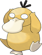 Official artwork of Psyduck, a yellow, duck-like Pokémon.