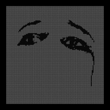 Across a black background is a display of 12,995 white dots. Patterned into this sheet of white dots are a pair of eyes and eyebrows above them; the right eye appears to have a tear falling from it.