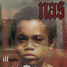 A photo of Nas as a child, superimposed upon a photo of a city block.