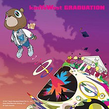 A highly stylized illustrated album cover. A bear is featured. Wearing sneakers, a varsity hoodie and a gold chain, he is shot out of the mouth of an abstract being. On the beings head, we see bunny chearleaders dancing, some of them throw graduation caps in the air, all of them appear joyous. The background is a purple sky. On the top is text that reads "kanYe West GRADUATION"