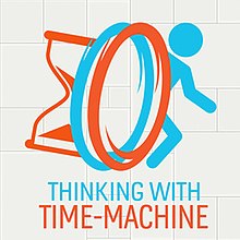 Logo of the Thinking with Time Machine mod, showcasing a sand clock, the orange and blue portals, and a stick man