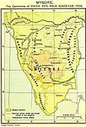 A map of south India shows a large Mysore bordered by the Kanara, Malabar, and Travancore coasts to its west and southwest, and by Hyderabad Carnatic on its east and southeast.