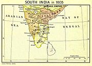 A political map of peninsular India c. 1605. The Mughal Empire lies above the peninsula; the peninsula consists of Ahmadnagar in the northwest, Bijapur in the west, Golconda in the east and northeast and the poligar kingdoms in the south and southeast.