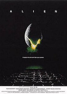 A large egg-shaped object that is cracked and emits a yellow-ish light hovers in mid-air against a black background and above a waffle-like floor. The title "ALIEN" appears in block letters above the egg, and just below it in smaller type appears the tagline "in space no one can hear you scream".[1]