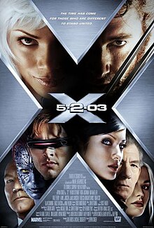 Poster shows a big X, within which are the faces of the film's main characters, and in the centre the film's name.