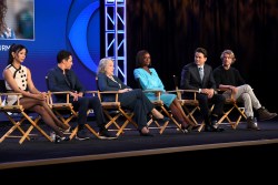 PASADENA, CALIFORNIA - JULY 13: (L-R) Leah Lewis, David Del Rio, Kathy Bates, Skye P. Marshall, Jason Ritter and Eric Christian Olsen speak onstage at the "Matlock" Presentation Q&A during the CBS Network portion of the 2024 TCA Summer Press Tour at The Langham Huntington, Pasadena on July 13, 2024 in Pasadena, California. (Photo by Alberto E. Rodriguez/Getty Images)