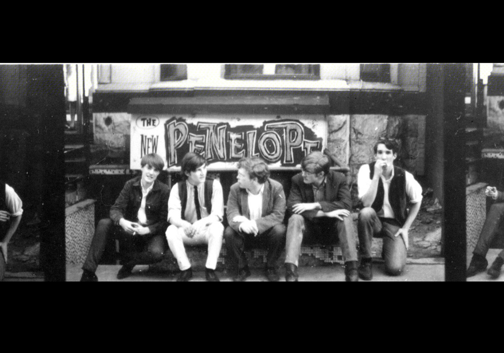 The Sidetrack, popular band in the 60s, posing in front of the New Penelope on Stanley Street. Excerpt of contact sheet.