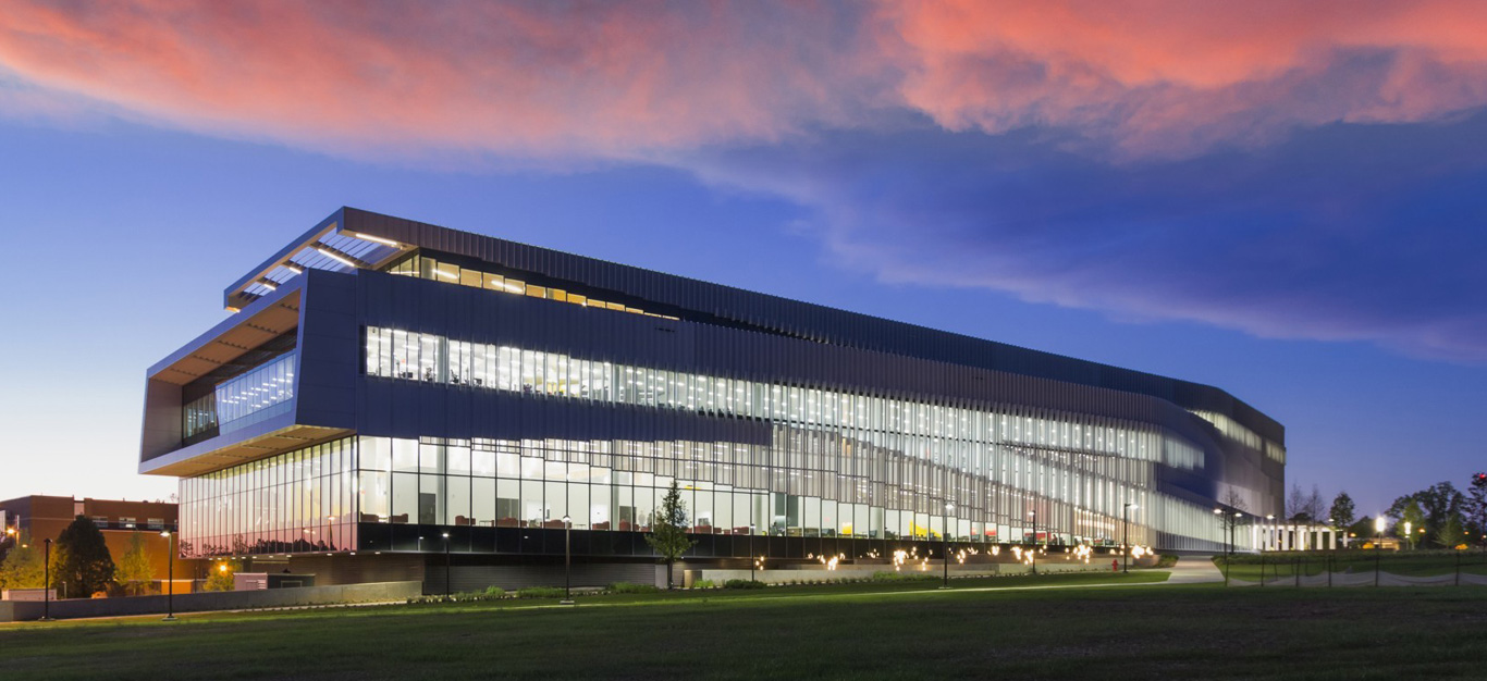 Hunt Library at sunset, lit from within