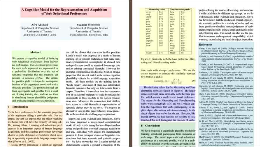 Journal article with colorful overlays highlighting the title, abstract, and other sections