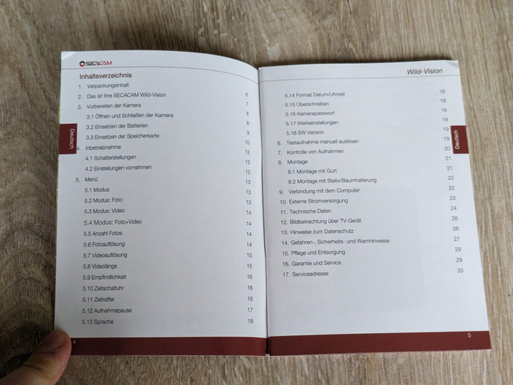 Handbuch der SECACAM Wild-Vision Wildkamera, geöffnet