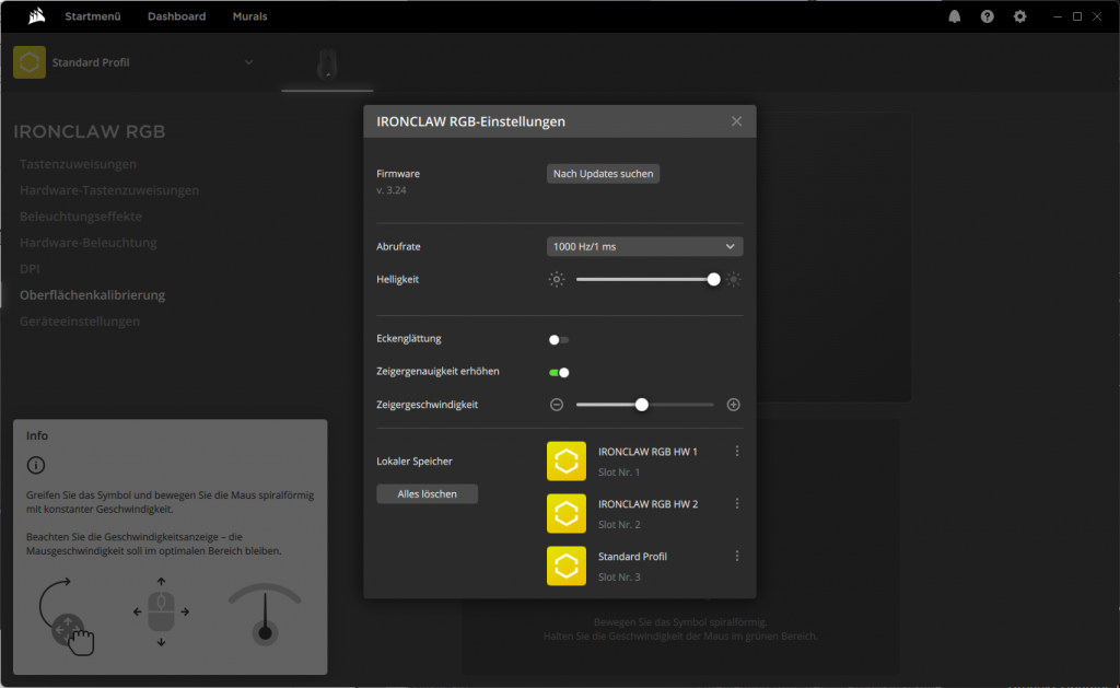 Einstellungen der Software der Corsair IRONCLAW Gaming-Maus