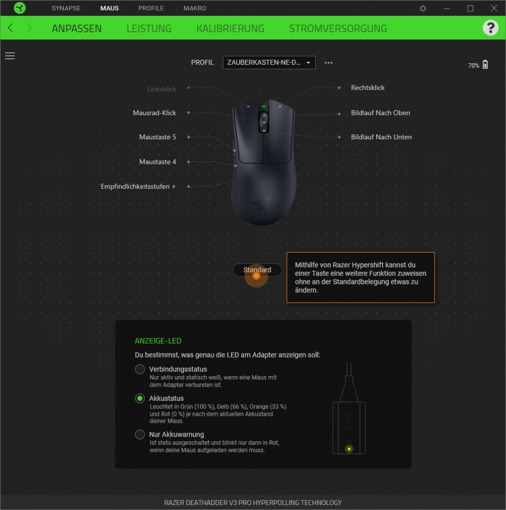 Tasteneinstellungen der Razer Deathadder V3 Pro Gaming-Maus in der Software