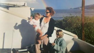 Ros Belford with her children Izzy and Juno in Salina, Sicily