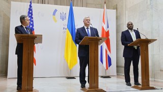 Antony Blinken, left, the US secretary of state, met Andrii Sybiha, the Ukrainian foreign minister, and David Lammy, the foreign secretary, in Kyiv for discussions last week