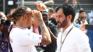 Hamilton, left, talks with Ben Sulayem, the FIA president, before the Dutch Grand Prix at Zandvoort last month