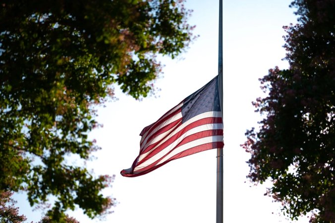 The U.S. flag waves in the wind at Joint Base Andrews, Md., Sept. 11, 2024. The flag was lowered to half-staff to pay tribute to those who lost their lives in the terrorist attacks on Sept. 11, 2001. (U.S. Air Force photo by Staff Sgt. Alex Broome)