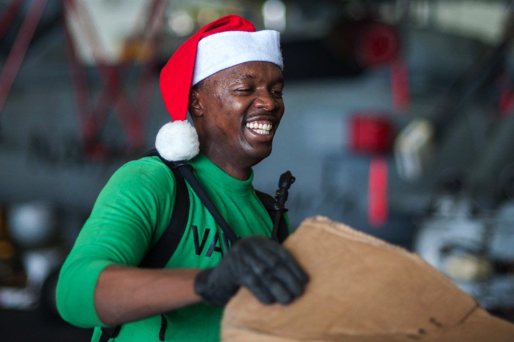 After UNREP, it's like Christmas. Pictured is a sailor receiving a gift.